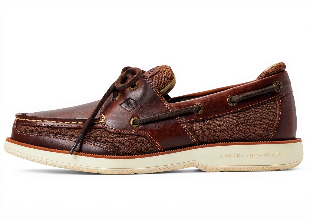 Sperry boat shoe in Dark Brown color on a wooden deck