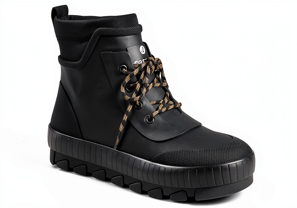 Sperry mens rain boots in Grey Rubber on a wet surface