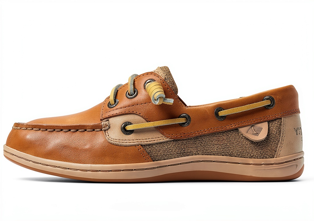 Sperry womens boat shoe in Linen Multi color on a wooden deck