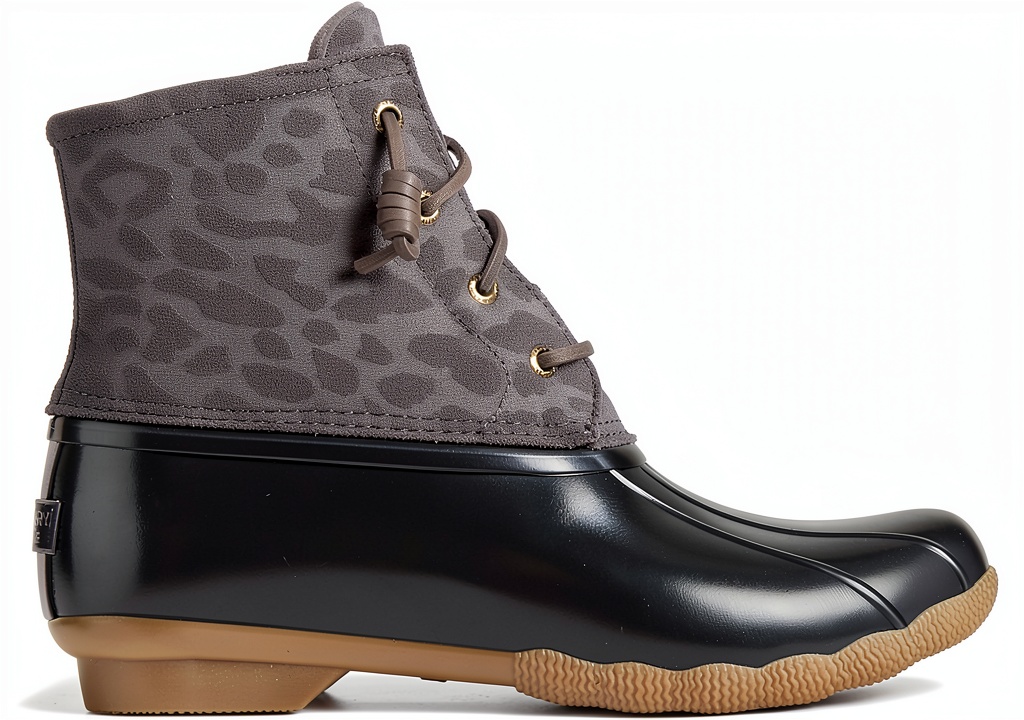 Sperry womens rain duck boots in Dove/Sparkle Textile color on a wet surface