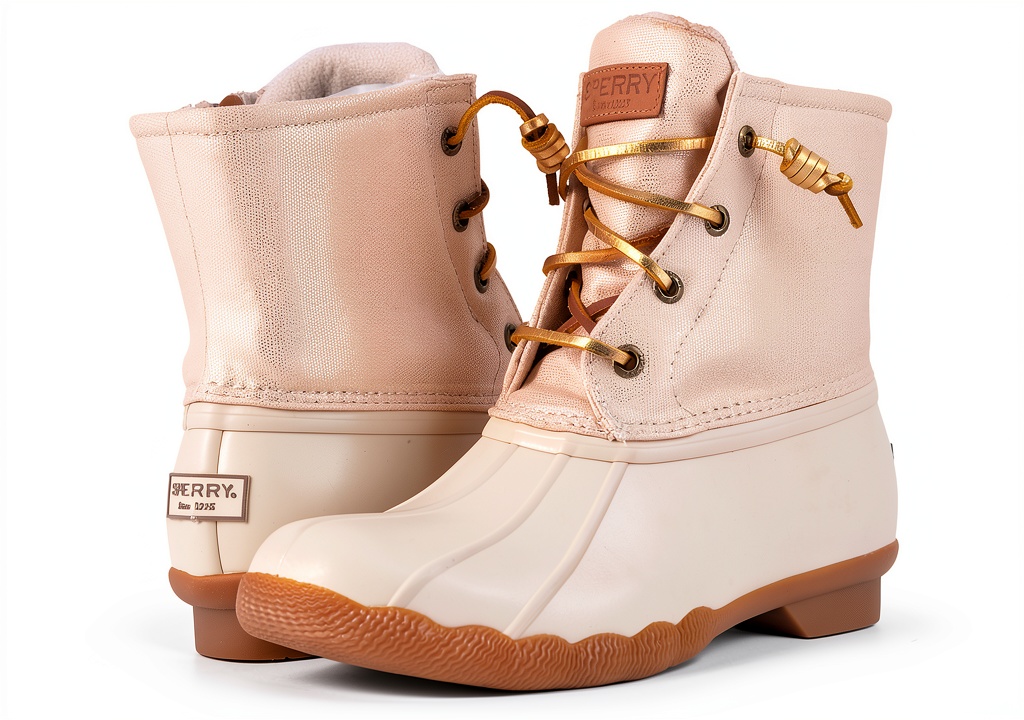 Sperry womens boots in Oat/Gold color showcasing the matte rubber shell and lacing