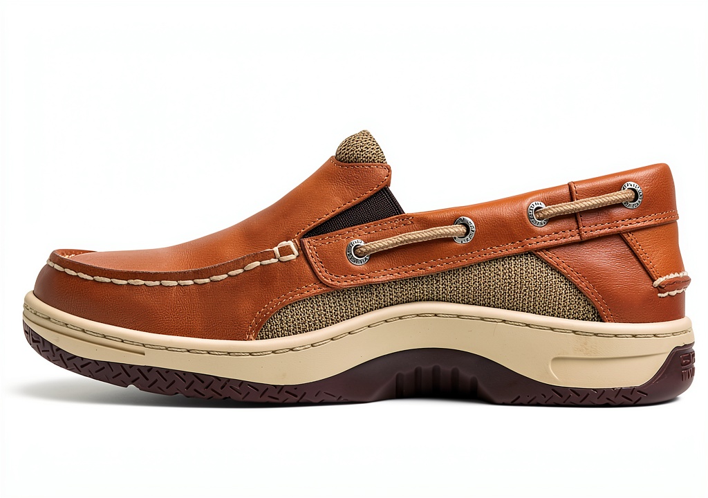 Sperry boat shoe showing leather and mesh design on foot
