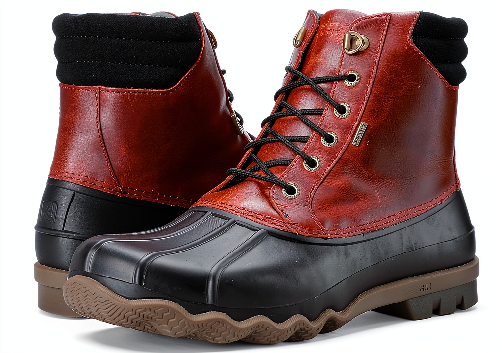 Sperry Top-Sider mens rain boots in Tan/Olive color on a rainy day