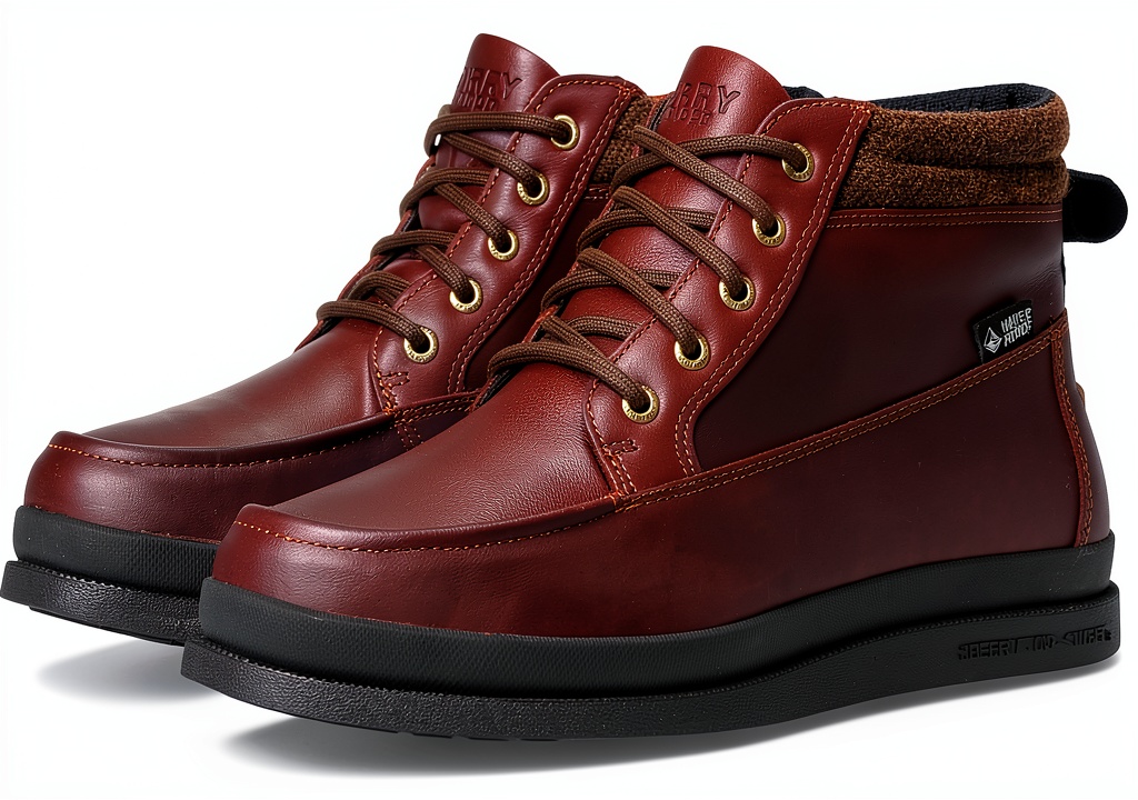 Sperry chukka boots in dark brown on a rugged terrain