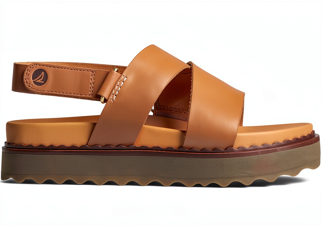 Installing Sperry Womens Platform Sandals Leather Upper Adjustable on a wooden desk