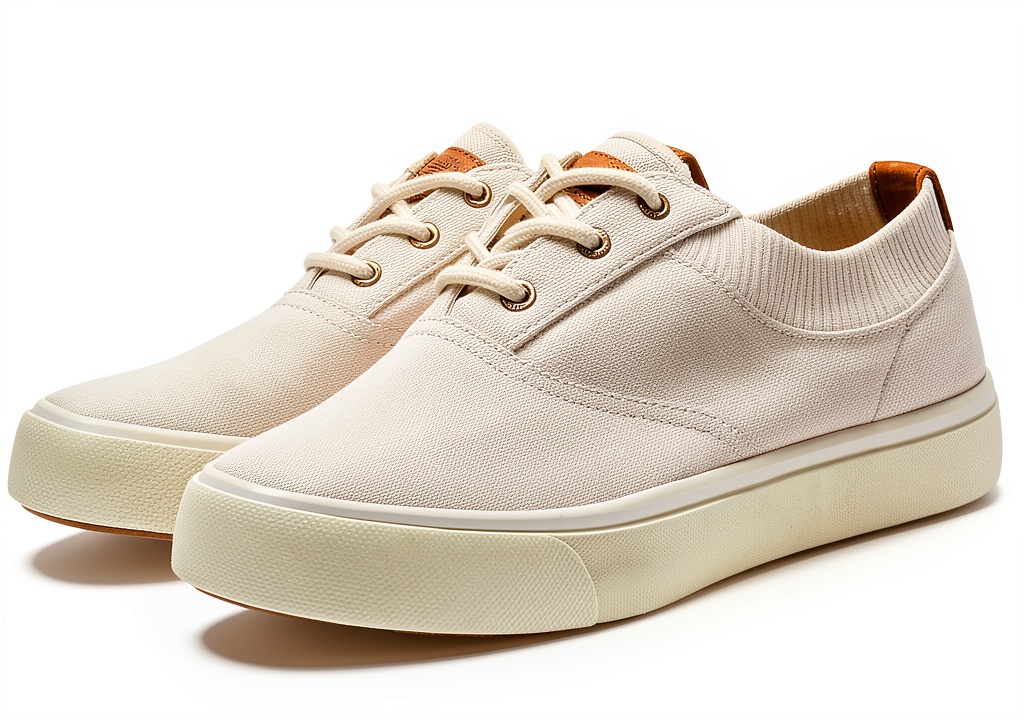 Installing Sperry Mens Striper II CVO Knit Sneaker Bone Size 9 on a wooden desk
