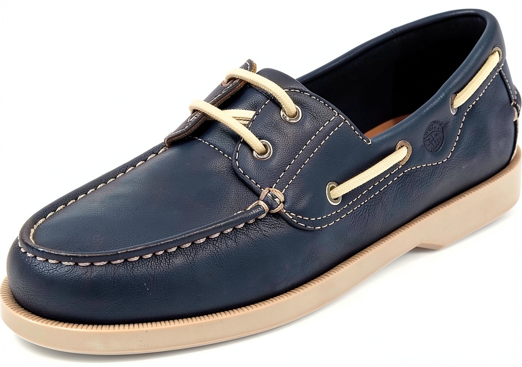 Dockers mens leather boat shoes in Raisin color on a wooden deck