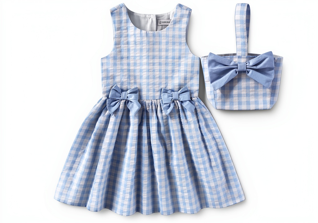 Girl wearing Sperry gingham dress with bucket bag at a park