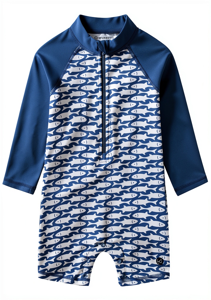 Baby boy wearing Sperry rash guard swimsuit at the beach